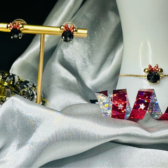 NWT Disney x Kate Spade Minnie Mouse Earrings & Necklace Set | Gold Black Red CZ - Picture 2 of 12
